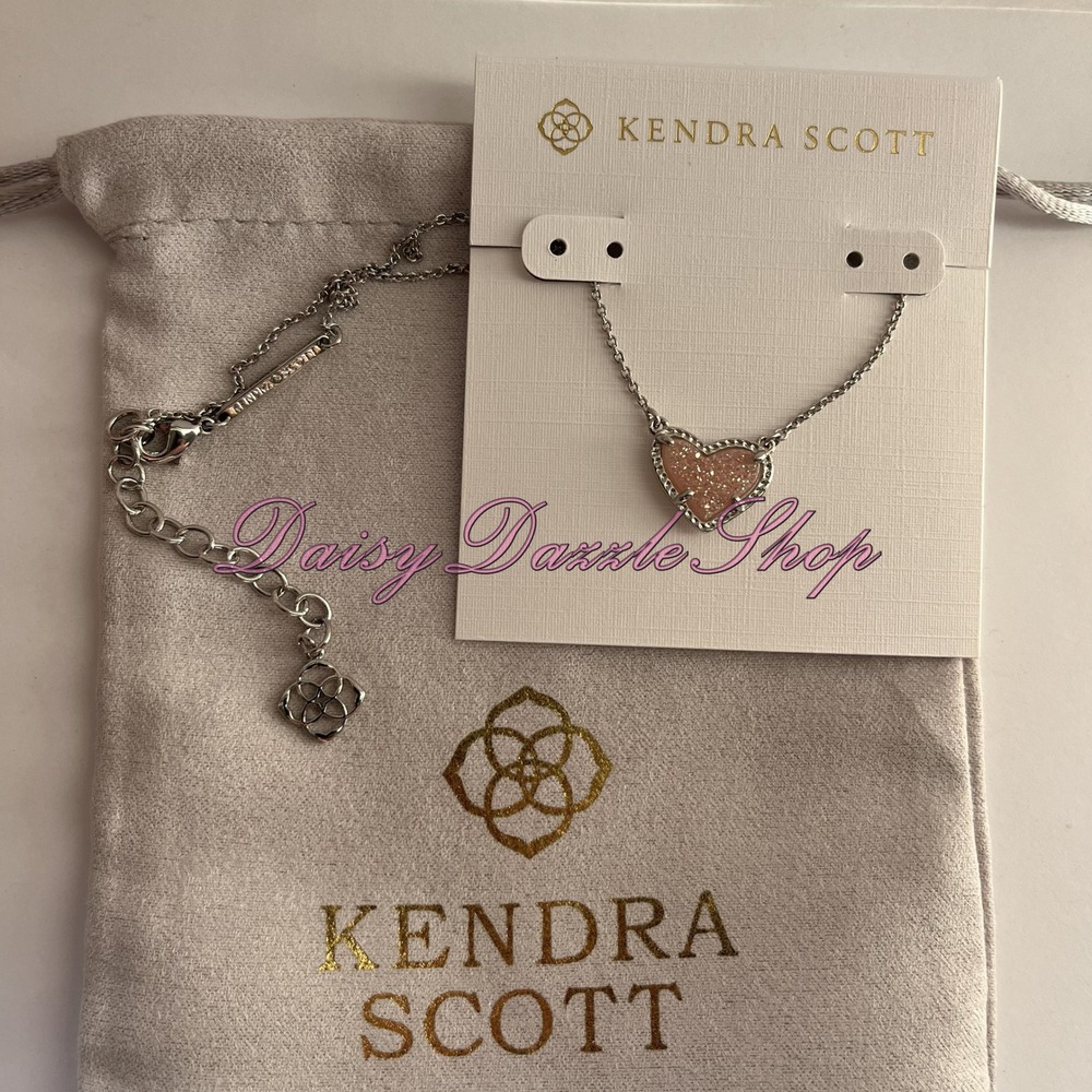 ✨New Kendra Scott Ari Heart Silver Necklace in Pink Drusy💝